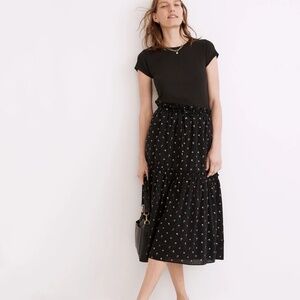 Madewell Pull-On Ruffle Tiered Midi Skirt in Geodot Floral Black Small